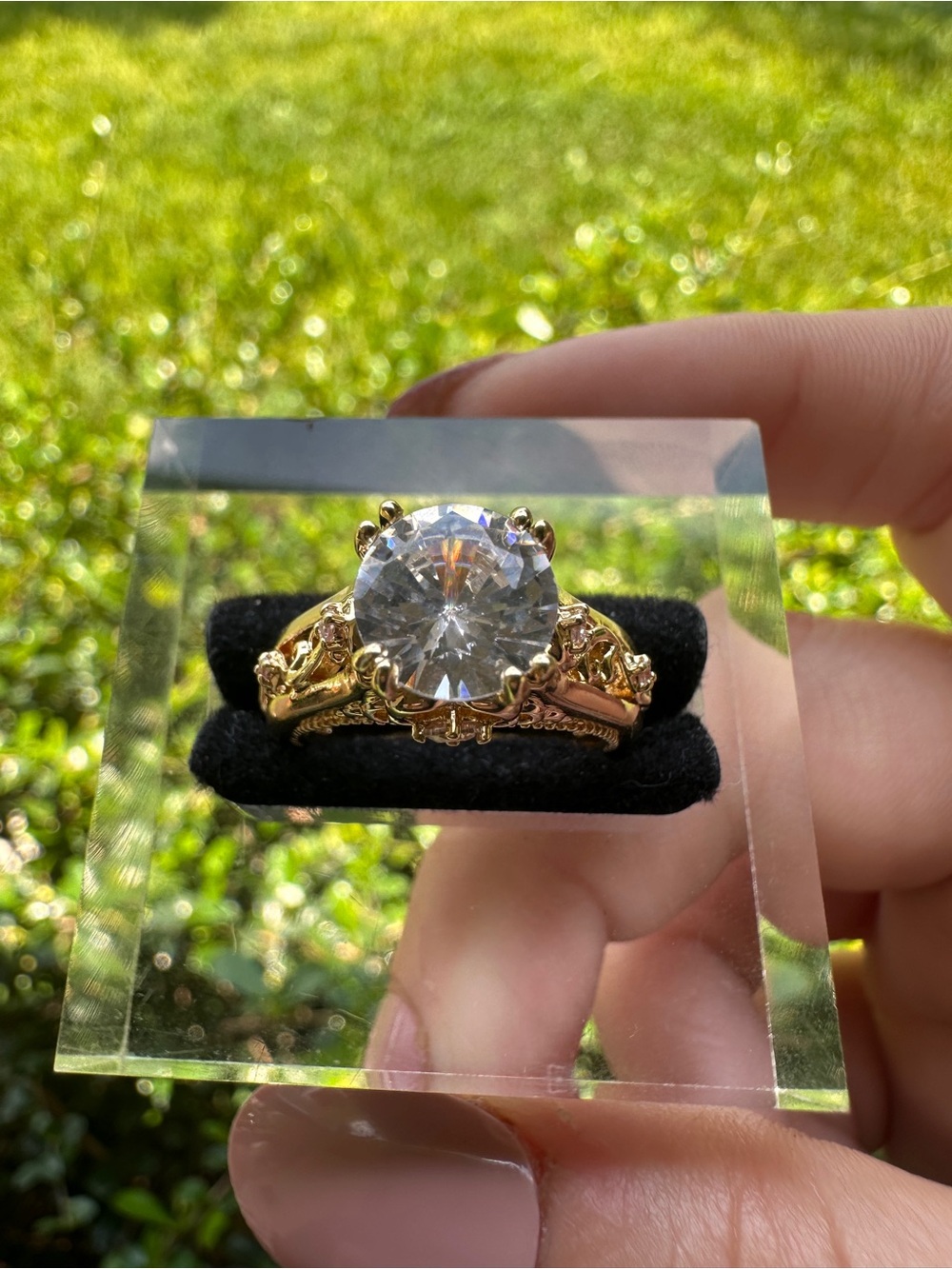 Gold-Tone Women's Ring with Large Clear Center Stone